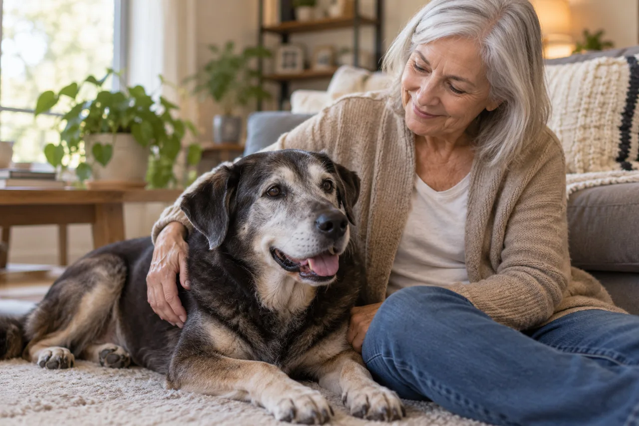 Owner sitting beside a resting gray dog at home
